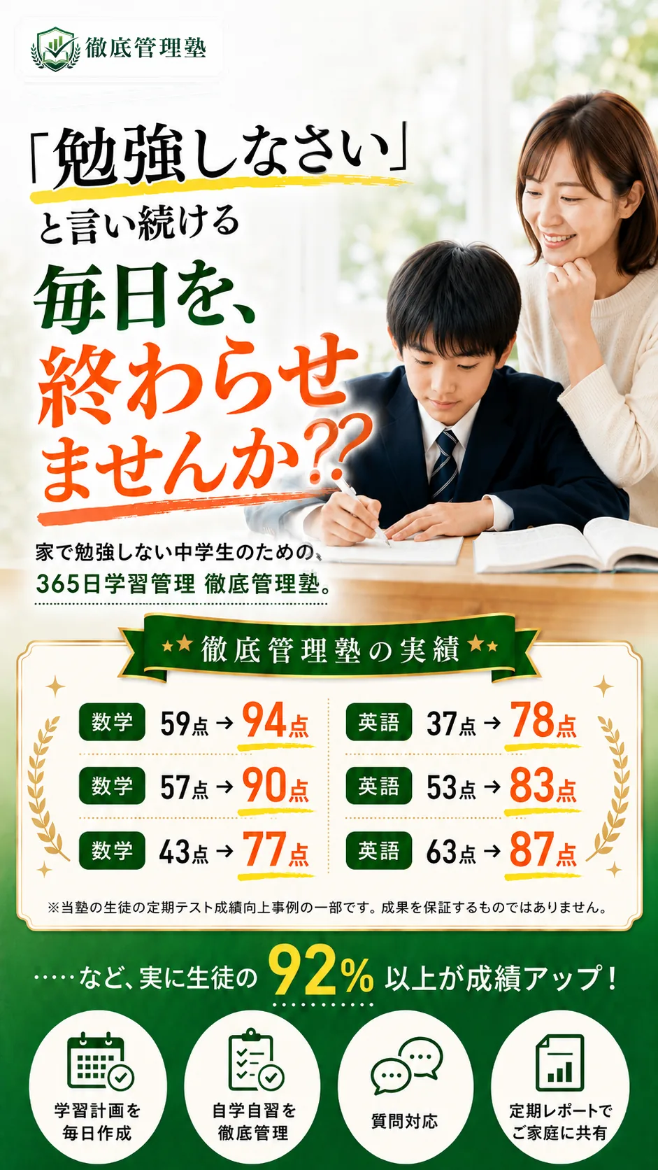 「勉強しなさい」と言い続ける毎日を、終わらせませんか？家で勉強しない中学生のための365日学習管理 徹底管理塾。数学59点→94点、英語37点→78点など生徒の92%以上が成績アップ