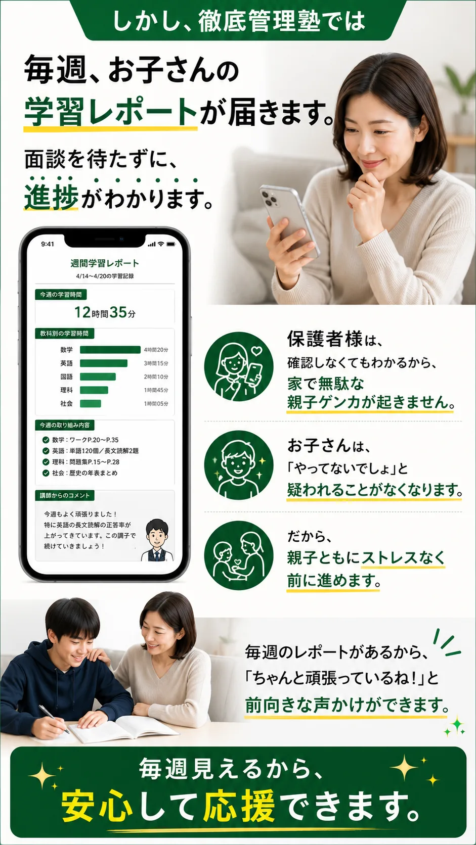 毎週お子さんの学習レポートが届きます。今週の学習時間、教科別の勉強時間、取り組んだ内容、講師からのコメントまで記載。面談を待たずに進捗がわかります