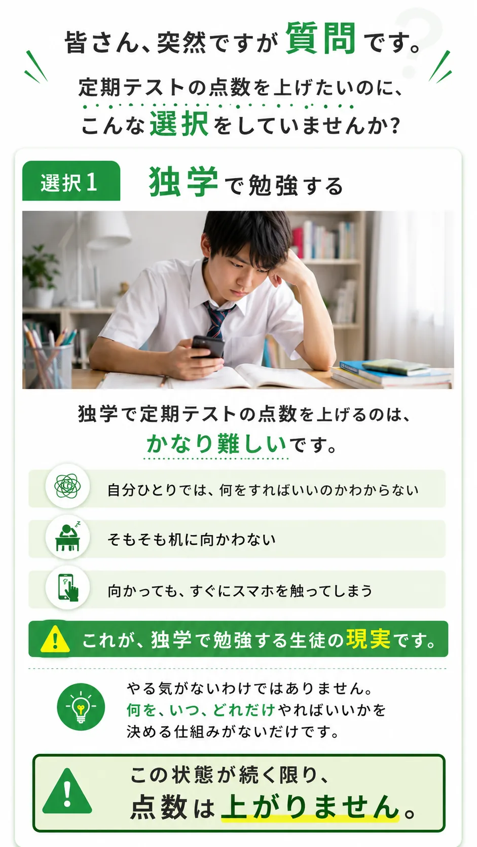 選択1 独学で勉強する。何をどれだけやればいいか分からず、質問できる相手もいないため、勉強が止まってしまいます