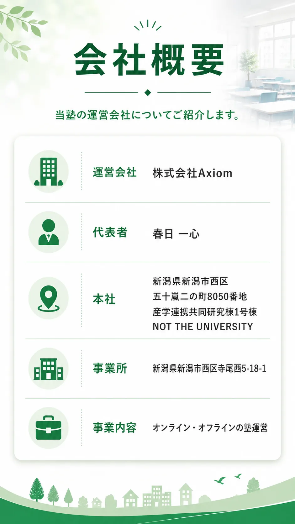 会社概要。運営会社 株式会社Axiom、代表者 春日一心、事業所 新潟県新潟市西区寺尾西5-18-1、事業内容 オンライン・オフラインの塾運営