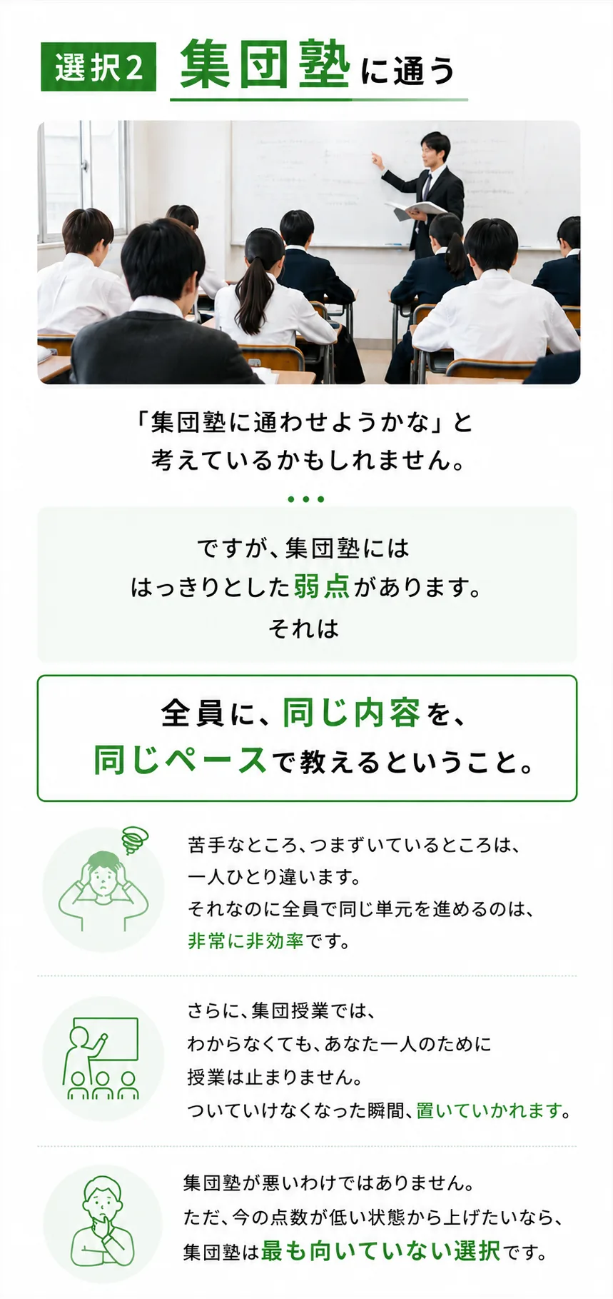 選択2 集団塾に通う。授業は一律で進むため、分からないまま置いていかれたり、逆に簡単すぎて時間を無駄にすることがあります